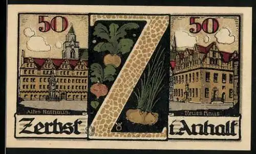 Notgeld Zerbst Anhalt, 1921, 50 Pf, Altes und Neues Rathaus mit Gemüse und Stadtwappen