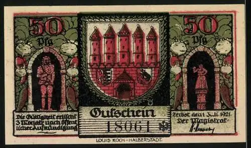 Notgeld Zerbst Anhalt, 1921, 50 Pf, Altes und Neues Rathaus mit Gemüse und Stadtwappen