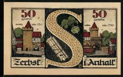 Notgeld Zerbst Anhalt, 1921, 50 Pfennig, Vorderseite mit Stadtansicht und Rückseite mit Tor und Figuren