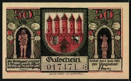 Notgeld Zerbst Anhalt, 1921, 50 Pfennig, Vorderseite mit Stadtansicht und Rückseite mit Tor und Figuren