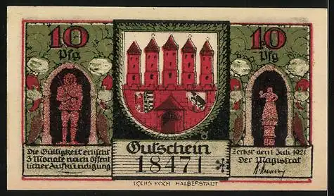 Notgeld Zerbst in Anhalt, 1921, 10 Pfennig, Museum und Stadtansicht mit Burg und Figuren