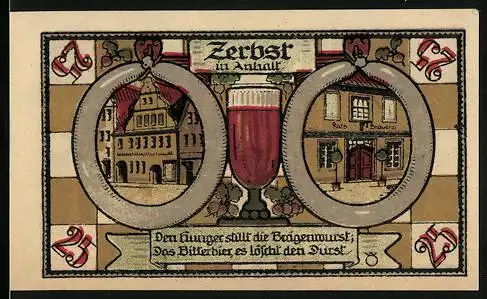 Notgeld Zerbst in Anhalt, 1921, 25 Pfennig, Stadtansichten und Burgmotiv, Gutschein gültig 3 Monate nach Aufruf