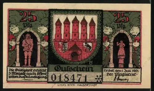 Notgeld Zerbst in Anhalt, 1921, 25 Pfennig, Stadtansichten und Burgmotiv, Gutschein gültig 3 Monate nach Aufruf