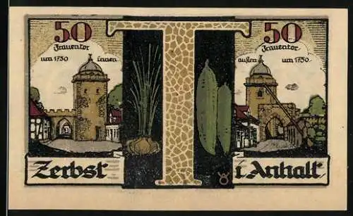 Notgeld Zerbst, 1921, 50 Pfennig, Ansicht vom Frauentor und Stadtwappen, Gültigkeit 3 Monate
