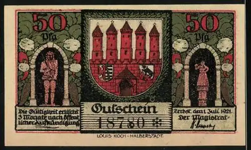 Notgeld Zerbst, 1921, 50 Pfennig, Ansicht vom Frauentor und Stadtwappen, Gültigkeit 3 Monate