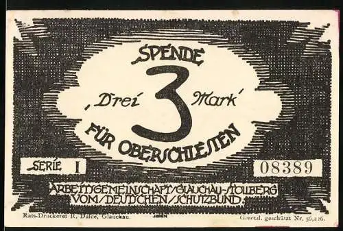 Notgeld Glauchau, 1920, 3 Mark, Spende für Oberschlesien mit Bergarbeiter und Industrieszene