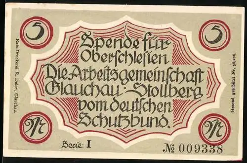 Notgeld Glauchau, 5 Mark, Spende für Oberschlesien, Schädel mit Helm und Schriftzug