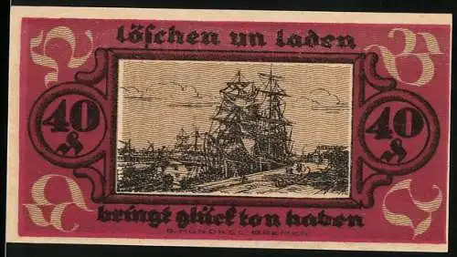 Notgeld Bremen 1921, 40 Pfennig, Löschende und ladende Schiffe am Hafen