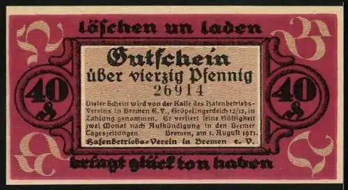 Notgeld Bremen 1921, 40 Pfennig, Löschende und ladende Schiffe am Hafen