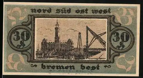 Notgeld Bremen, 1921, 30 Pfennig, Nord Süd Ost West - Bremen best, Hafenbetrieb-Verein Bremen e.V