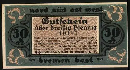 Notgeld Bremen, 1921, 30 Pfennig, Nord Süd Ost West - Bremen best, Hafenbetrieb-Verein Bremen e.V