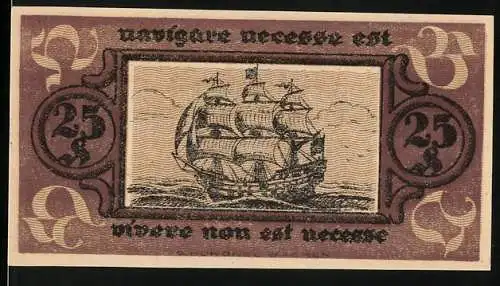 Notgeld Bremen 1921, 25 Pfennig, Segelschiff und Gutschein über fünfundzwanzig Pfennig