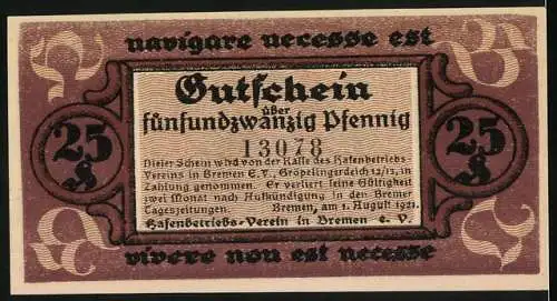 Notgeld Bremen 1921, 25 Pfennig, Segelschiff und Gutschein über fünfundzwanzig Pfennig