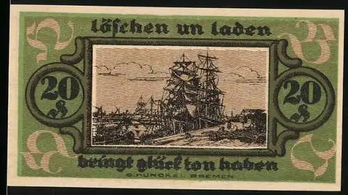 Notgeld Bremen, 1921, 20 Pfennig, Löschende und ladende Schiffe im Hafen, Gutschein über zwanzig Pfennig