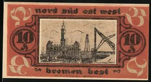 Notgeld Bremen 1921, 10 Pfennig, Stadtansicht und Gutscheintext