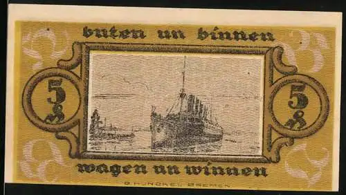 Notgeld Bremen, 1921, 5 Pfennig, Schiff und Text buiten un binnen wagen un winnen