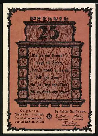 Notgeld Teterow 1921, 25 Pfennig, Motiv Kirche und Gedicht, gültig bis 31. Dezember 1921