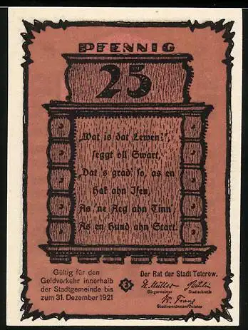 Notgeld Teterow 1921, 25 Pfennig, Gebäude und plattdeutscher Text