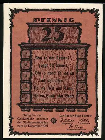 Notgeld Teterow 1921, 25 Pfennig, Stadtansicht und Reimgedicht