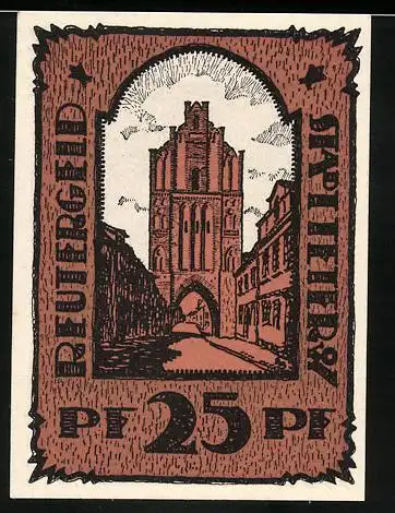 Notgeld Teterow, 1921, 25 Pfennig, Braune Stadtansicht mit Text auf Rückseite