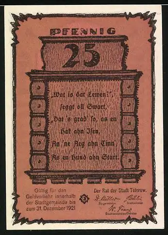 Notgeld Teterow, 1921, 25 Pfennig, Braune Stadtansicht mit Text auf Rückseite