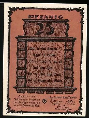 Notgeld Teterow 1921, 25 Pfennig, Stadttor und Gedicht