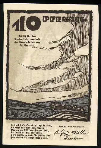 Notgeld Neukloster, 1922, 10 Pfennig, Reutergeld mit Landschaft und Gebäude