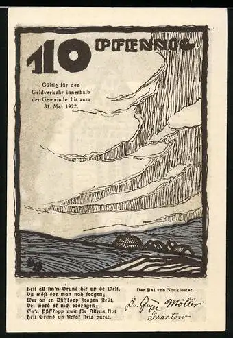 Notgeld Neukloster, 1922, 10 Pfennig, Landschaft und Kirche