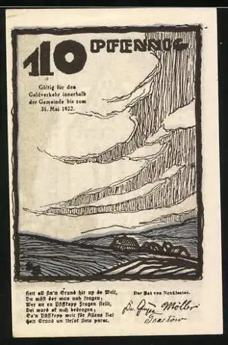 Notgeld Neukloster, 1922, 10 Pfennig, Reutergeld mit Gebäudemotiv und Landschaftsszene