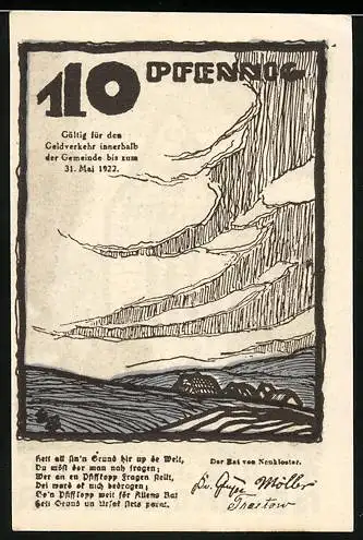 Notgeld Neukloster, 1922, 10 Pfennig, Landschaft und Gebäudeabbildung