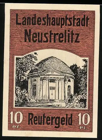 Notgeld Neustrelitz, 10 Pf, Reutergeld mit Gebäude und Landschaft