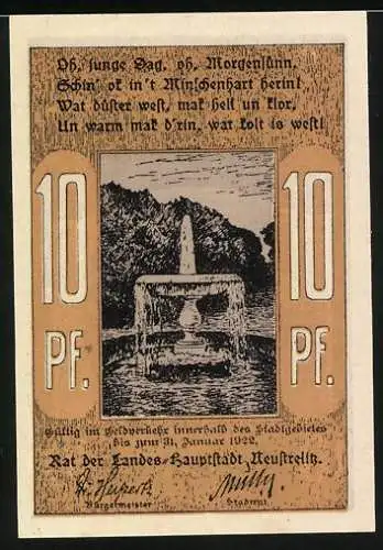 Notgeld Neustrelitz, 10 Pf, Reutergeld mit Gebäude und Landschaft