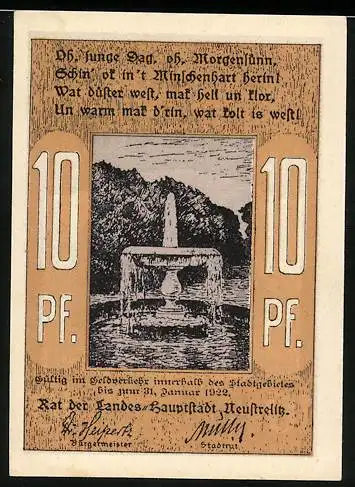 Notgeld Neustrelitz, 1920, 10 Pf., Brunnen und Gebäude, Reutergeld