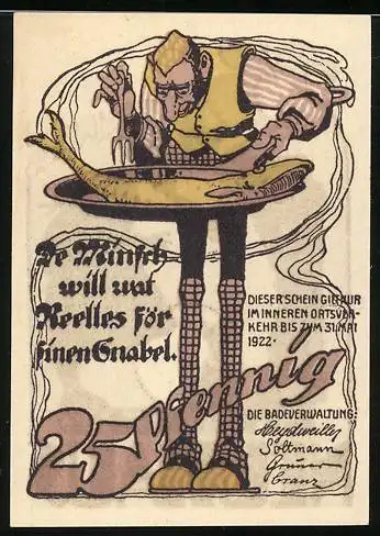 Notgeld Neuhaus, 1922, 25 Pfennig, humorvolle Illustration mit Fisch und Figuren