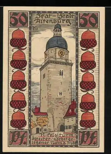 Notgeld Altenburg, 1921, 50 Pfennig, Nikolaikirchturm und Spielkarte Design