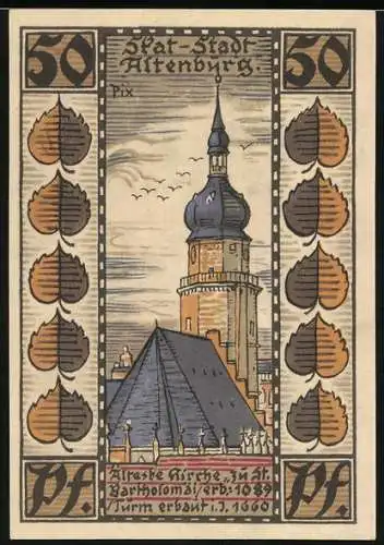 Notgeld Altenburg, 1921, 50 Pfennig, Ansicht der Altenburger Kirche und Spielkarte