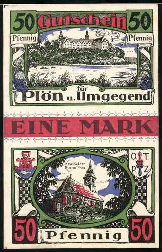 Notgeld Plön 1921, 1 Mark, Vorderseite Schloss und Kirche Neustadt, Rückseite Leuchtturm und Wappen