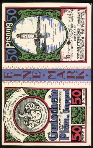 Notgeld Plön 1921, 1 Mark, Vorderseite Schloss und Kirche Neustadt, Rückseite Leuchtturm und Wappen