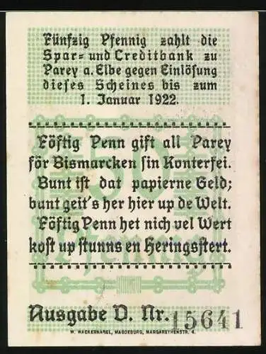 Notgeld Parey an der Elbe 1921, 50 Pfennig, Bismarck Portrait und Gebäude, Ausgabe D Nr. 15641