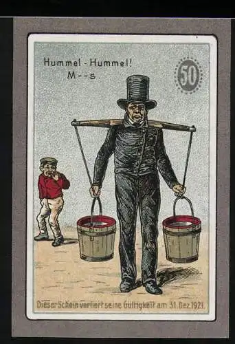 Notgeld Hamburg 1921, 50 Pfennig, Hummel-Hummel Darstellung, Alter Mann mit Eimern und Junge