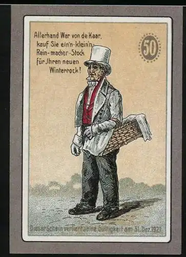 Notgeld Hamburg St. Pauli, 1921, 50 Pfennig, Mann mit Korb und Spruch für Winterrock