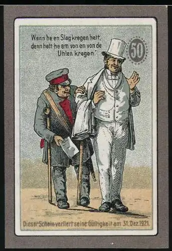 Notgeld Hamburg 1921, 50 Pfennig, Zwei Männer in Unterhaltung, einer mit Stock und Uniform, einer im Anzug und Zylinder