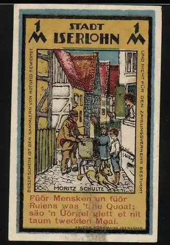 Notgeld Iserlohn, 1921, 1 Mark, Stadtansicht und Moritz Schulte, Rückseite mit Statue und Wappen