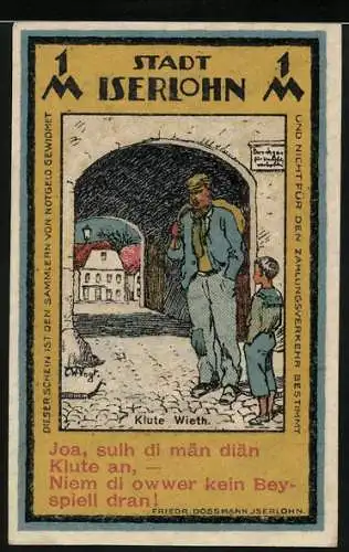 Notgeld Iserlohn, 1921, 1 Mark, Klute Wieth Illustration und Stadtwappen