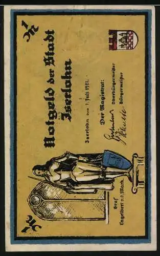 Notgeld Iserlohn, 1921, 1 Mark, Klute Wieth Illustration und Stadtwappen