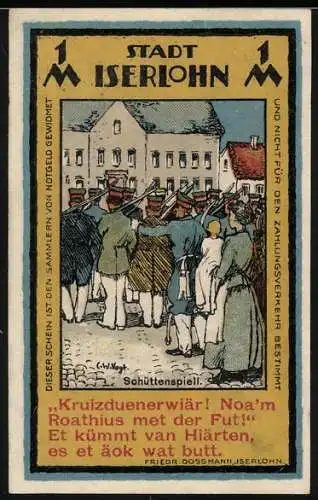 Notgeld Iserlohn, 1921, 1 Mark, Schüttenspiel und Statue mit Wappen