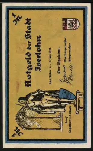 Notgeld Iserlohn, 1921, 1 Mark, Schüttenspiel und Statue mit Wappen