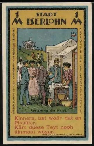 Notgeld Iserlohn 1921, 1 Mark, Osterfest auf der Haardt und Statue mit Wappen der Stadt