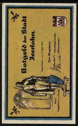 Notgeld Iserlohn 1921, 1 Mark, Osterfest auf der Haardt und Statue mit Wappen der Stadt