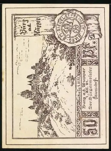 Notgeld Burg an der Wupper 1922, 50 Pfennig, Die Märchenerzählerin und Stadtansicht